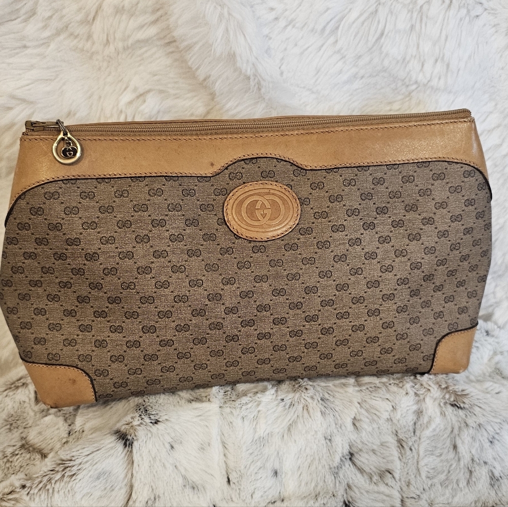 Gucci Brown GG Canvas Clutch with Tan Leather Trim